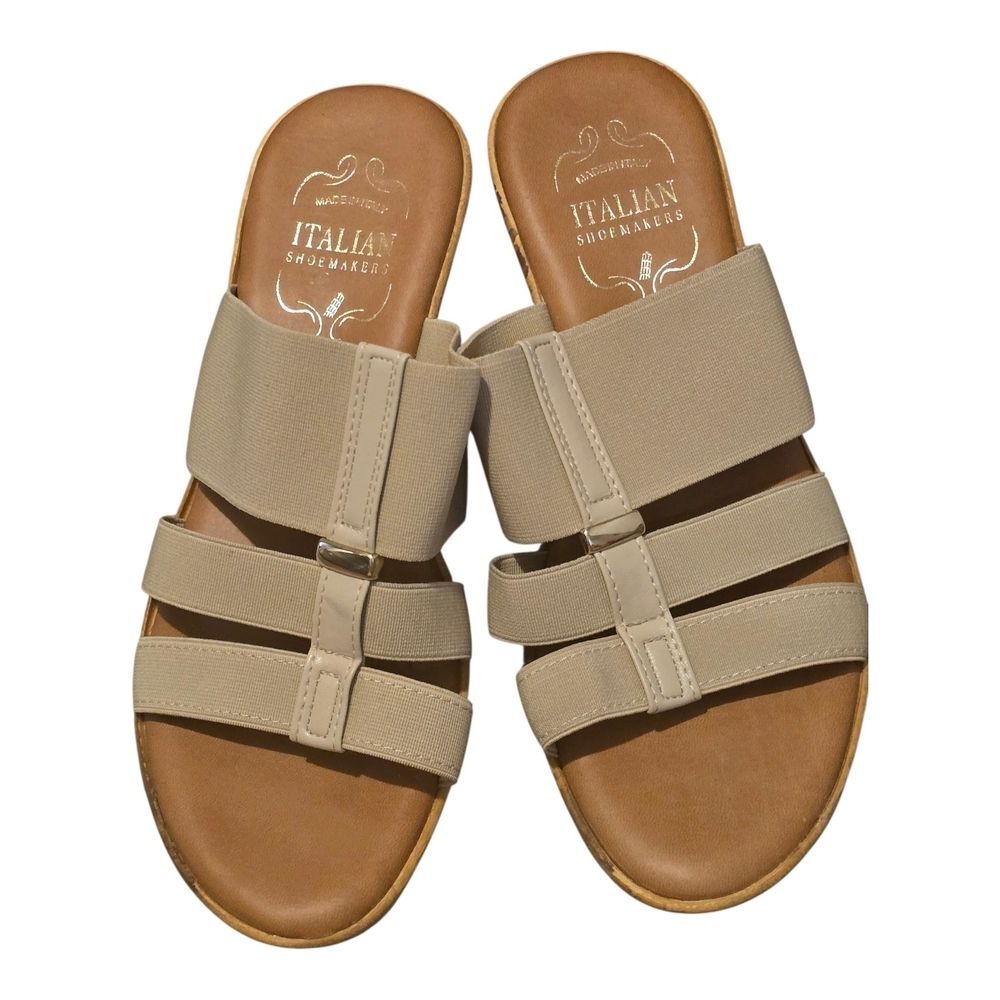 Vintage-Style Italian Shoemakers Neutral Triple-Strap Elastic Wedge Sandals S-8
